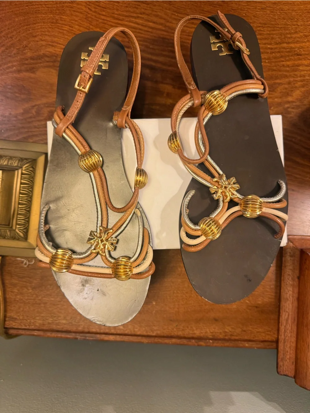 Tory Burch CAPRI MULTI STRAP Leather Sandal Brown Cream Gold Size 8 MSRP $328